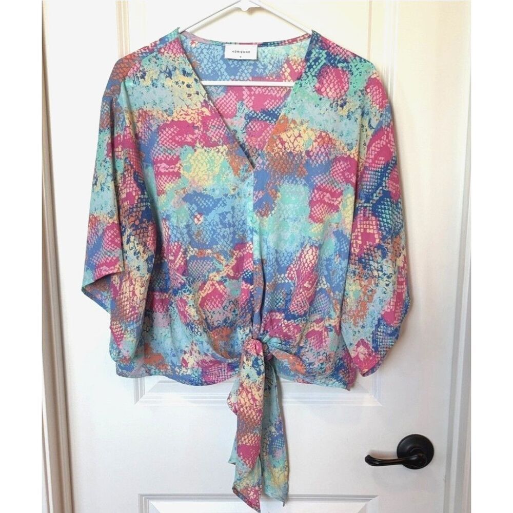 Adrienne Tie Front Blouse Womens Size S Colorful Snake Skin Print Kimono Sleeve